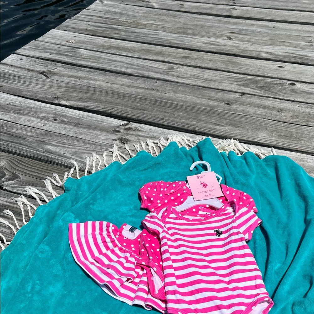 NWT. Ralph Lauren Polo Pink and White Striped Polka Dot Baby Outfit